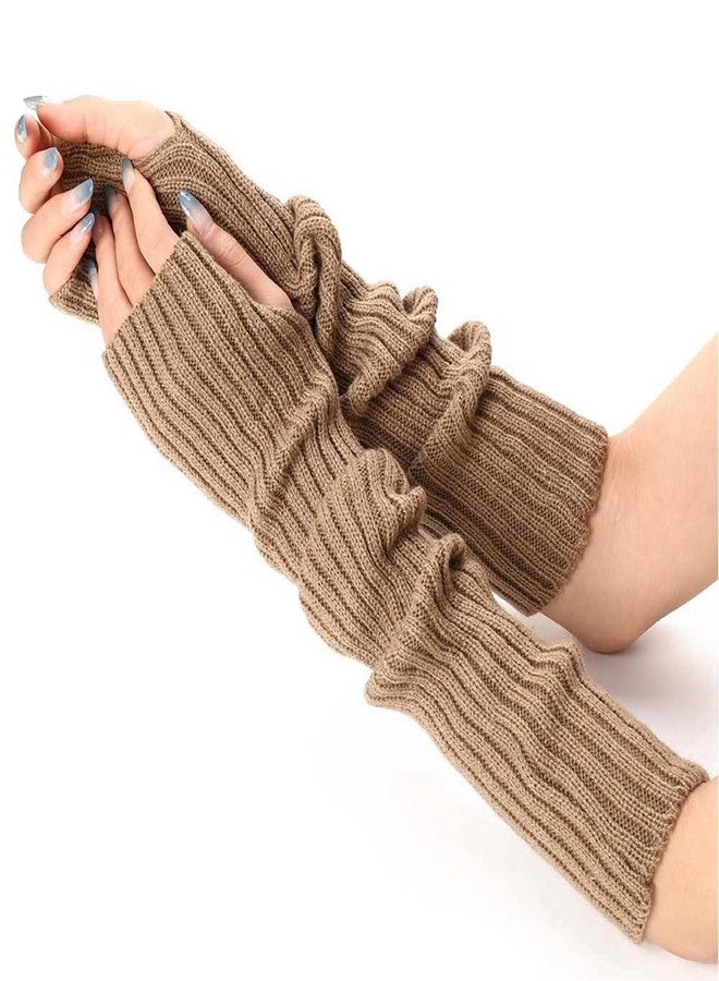 CABODYALS 2 Pairs Tan Long Fingerless Gloves Knitted Soft Winter Thumb Hole Gloves Y2k Khaki Arm Warmers Knit Mitten Arm Sleeves Crochet Wrist Hand Cover Bulk for Women Typing Driving Outings Supply - Image 1